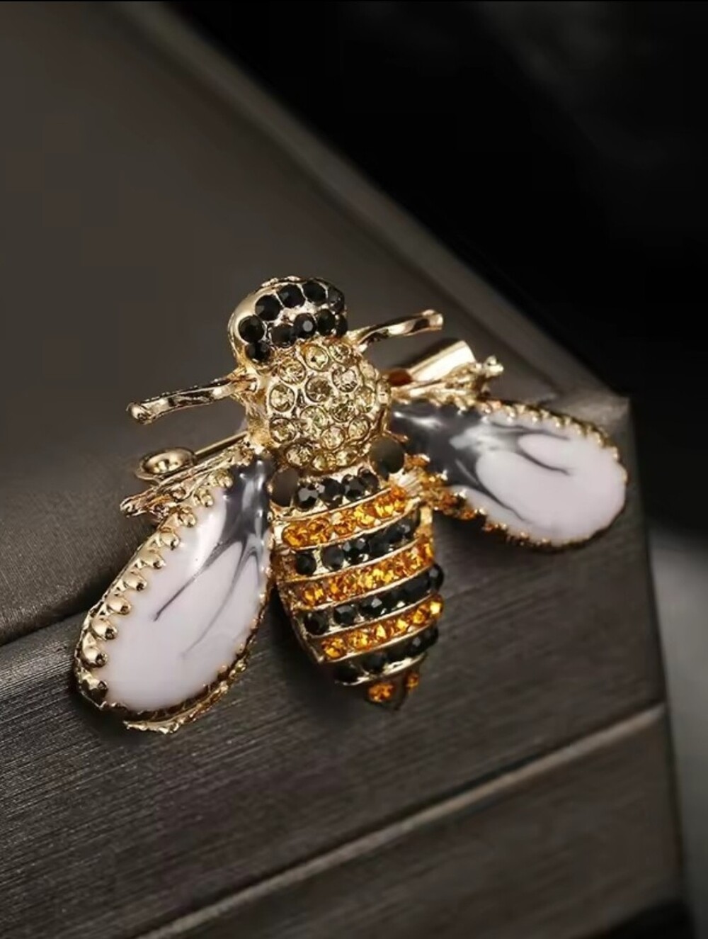 Gold Bee Brooch with White Enamel Wings and Amber Crystals - Picture 5 of 7